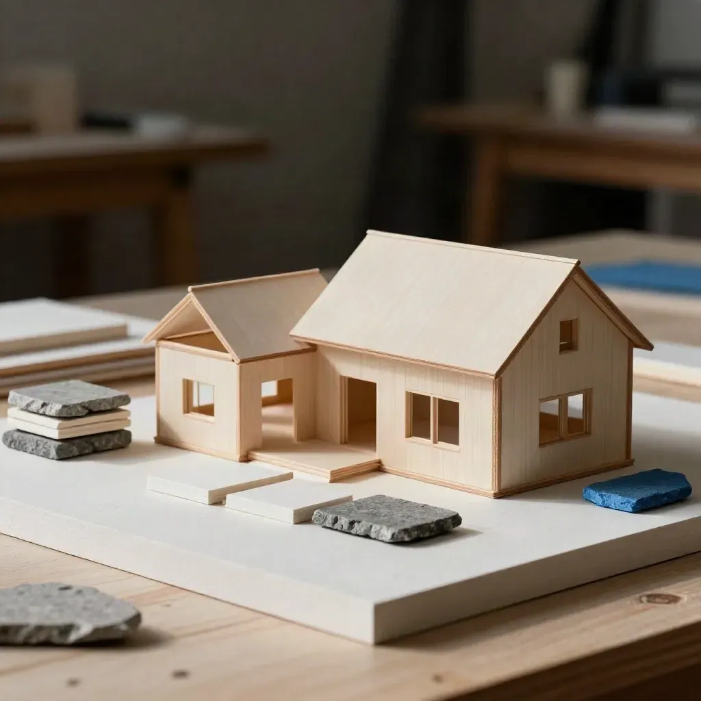 Miniature home massing model with roof mockups and material samples on a birch base.