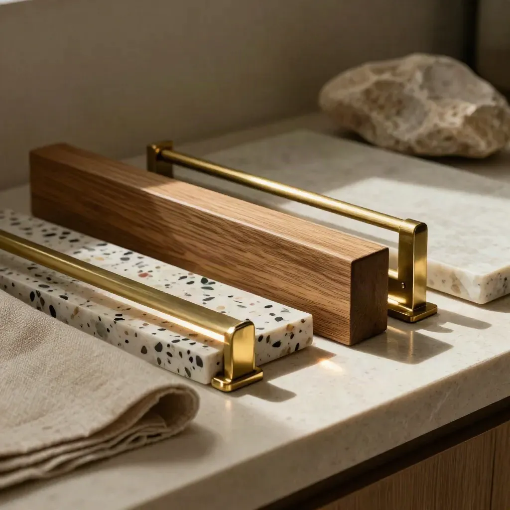 Oak veneer, terrazzo, linen, brass and stone samples stacked in warm showroom light