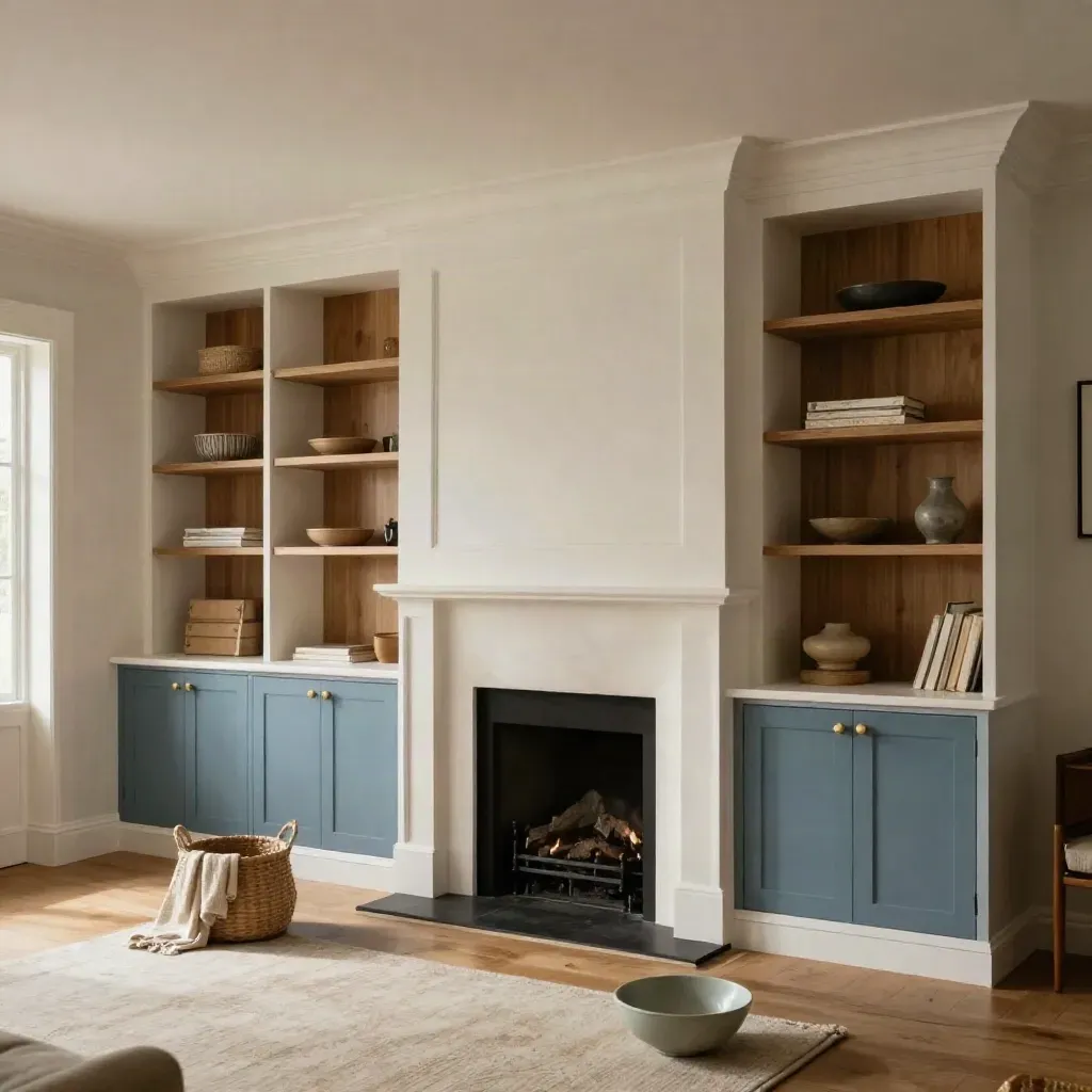 Renovated Brampton family room with built-ins, oak floors and a clean fireplace wall.