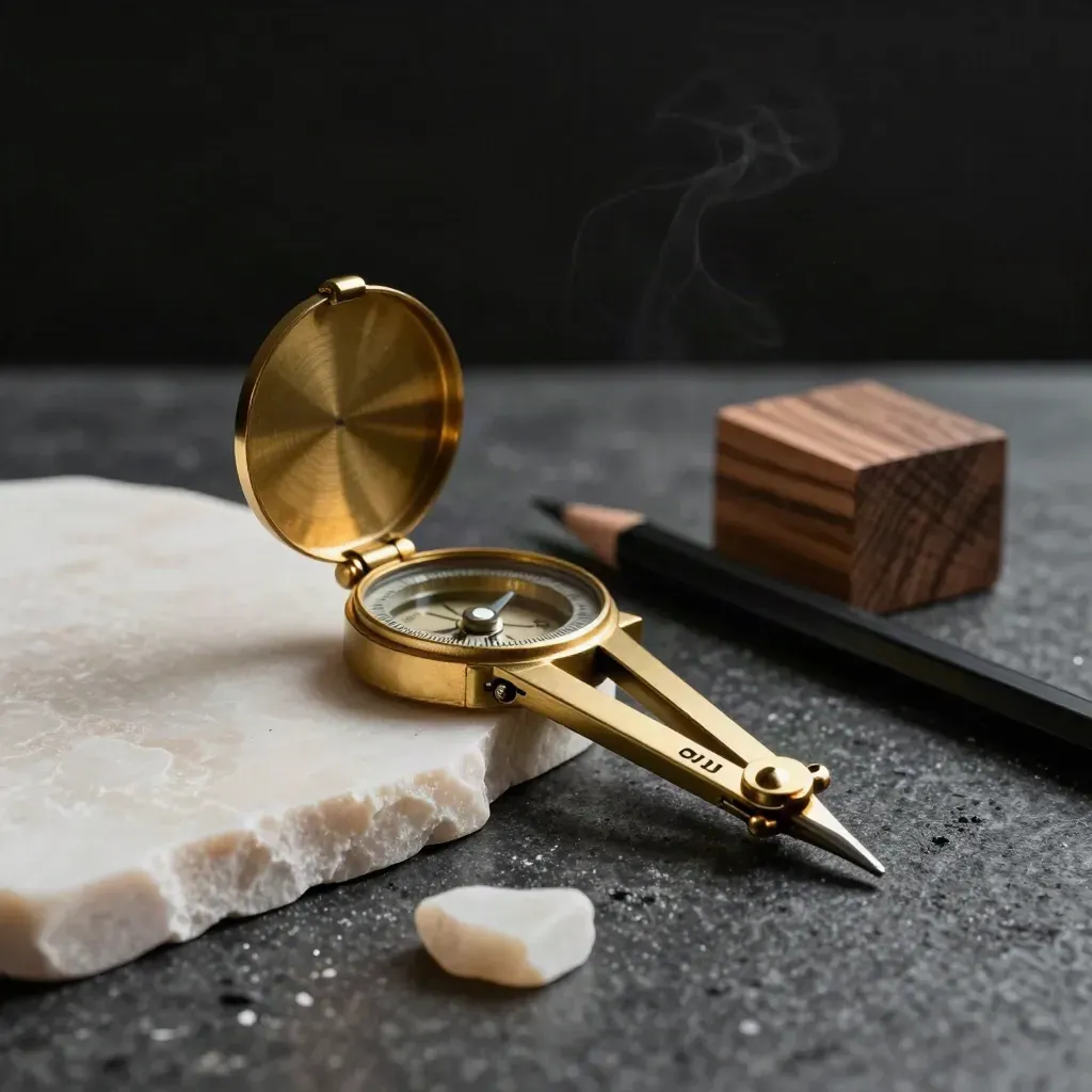 Architect’s compass, pencil, stone sample and walnut block on a dark work surface.