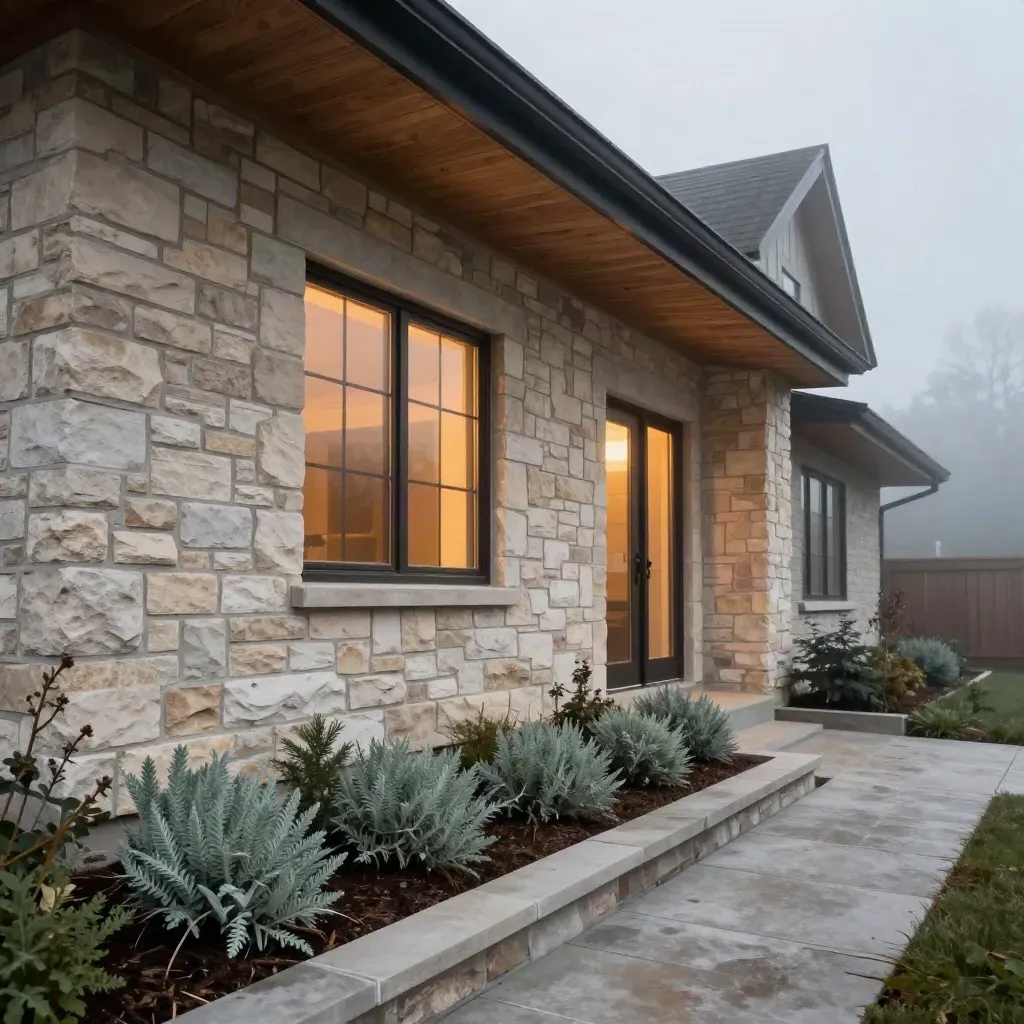 Macro dusk detail of a finished home facade with cedar soffit, stone, and glowing windows.