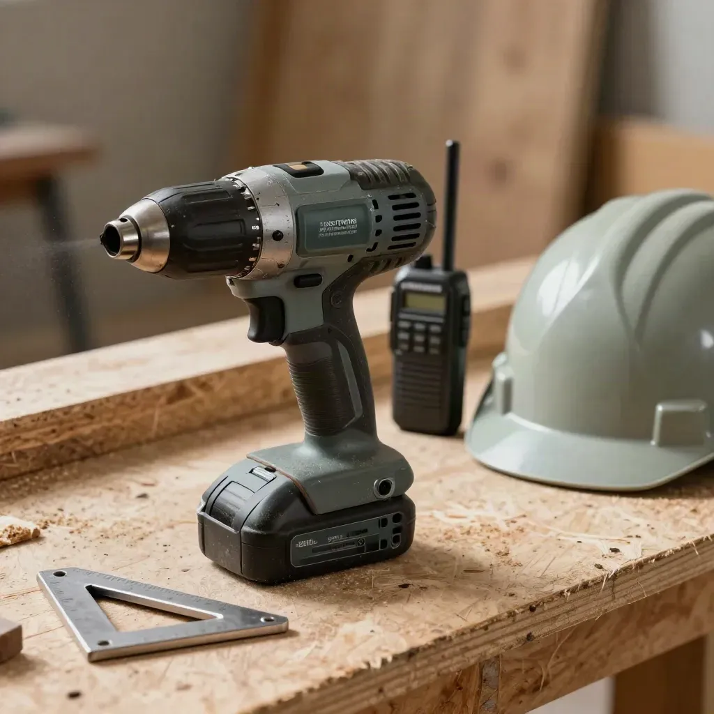 Impact driver, framing square, radio, hard hat, and lumber on a dusty workbench