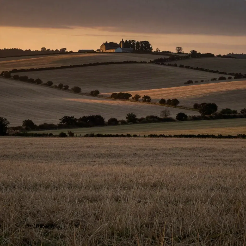 Golden Caledon farmland with cedar hedgerows, distant rooflines, and open calm fields